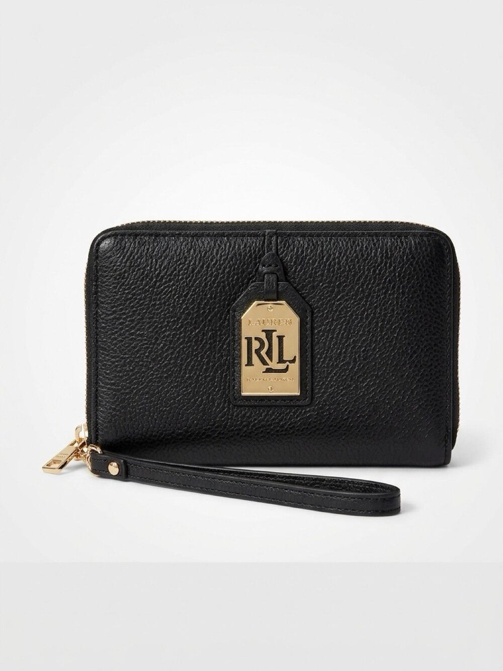 RALPH LAUREN RLL Logo Black Leather Wristlet Wallet Clutch Small Purse